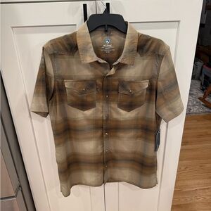 KUHL Men's Tan and Brown Plaid Shirt, Small